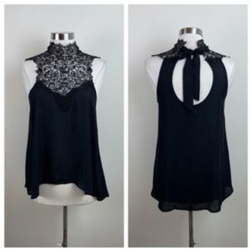 Nella Fantasia High Neck Crochet Lace Tie Back Sleeveless Blouse Black Size M‍